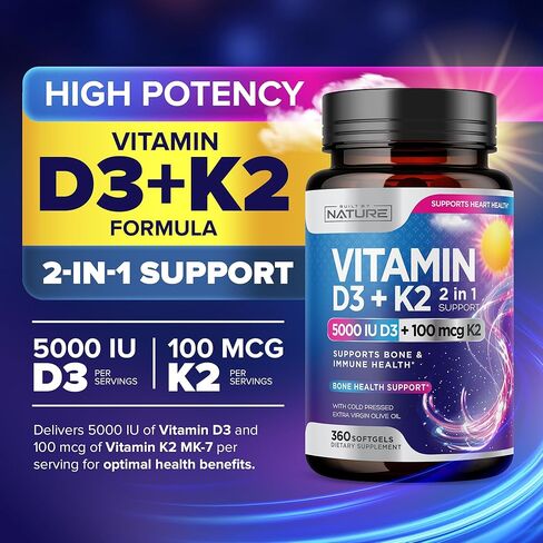 Built by Nature Vitamin D3 K2 with Cold Pressed Extra Virgin Olive Oil – 5000 IU Vitamin D, 100mcg Vitamin K MK-7 Supplement – Easy to Swallow Mini Soft Gels - 1 Year Supply - 360 Softgels in Kuwait