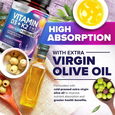 Built by Nature Vitamin D3 K2 with Cold Pressed Extra Virgin Olive Oil – 5000 IU Vitamin D, 100mcg Vitamin K MK-7 Supplement – Easy to Swallow Mini Soft Gels - 1 Year Supply - 360 Softgels in Kuwait