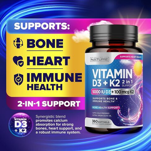 Built by Nature Vitamin D3 K2 with Cold Pressed Extra Virgin Olive Oil – 5000 IU Vitamin D, 100mcg Vitamin K MK-7 Supplement – Easy to Swallow Mini Soft Gels - 1 Year Supply - 360 Softgels in Kuwait