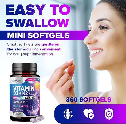 Built by Nature Vitamin D3 K2 with Cold Pressed Extra Virgin Olive Oil – 5000 IU Vitamin D, 100mcg Vitamin K MK-7 Supplement – Easy to Swallow Mini Soft Gels - 1 Year Supply - 360 Softgels in Kuwait