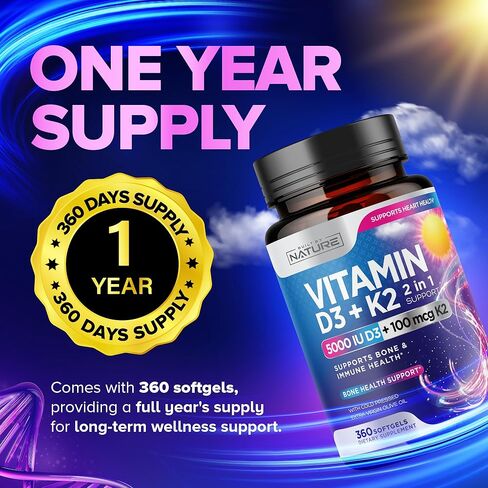 Built by Nature Vitamin D3 K2 with Cold Pressed Extra Virgin Olive Oil – 5000 IU Vitamin D, 100mcg Vitamin K MK-7 Supplement – Easy to Swallow Mini Soft Gels - 1 Year Supply - 360 Softgels in Kuwait