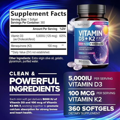 Built by Nature Vitamin D3 K2 with Cold Pressed Extra Virgin Olive Oil – 5000 IU Vitamin D, 100mcg Vitamin K MK-7 Supplement – Easy to Swallow Mini Soft Gels - 1 Year Supply - 360 Softgels in Kuwait