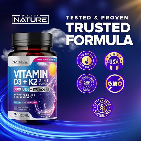 Built by Nature Vitamin D3 K2 with Cold Pressed Extra Virgin Olive Oil – 5000 IU Vitamin D, 100mcg Vitamin K MK-7 Supplement – Easy to Swallow Mini Soft Gels - 1 Year Supply - 360 Softgels in Kuwait