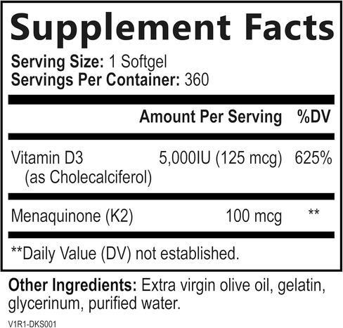 Built by Nature Vitamin D3 K2 with Cold Pressed Extra Virgin Olive Oil – 5000 IU Vitamin D, 100mcg Vitamin K MK-7 Supplement – Easy to Swallow Mini Soft Gels - 1 Year Supply - 360 Softgels in Kuwait
