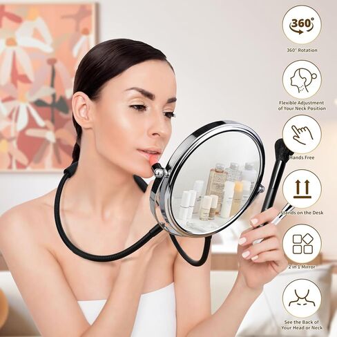 Double-Sided Mirror to See Back of Head, Hands Free Adjustable Mirrors Hung Around The Neck, Two Way Mirror for Women Man Makeup, Self Haircut, Standard Viewing and 5X Magnification 360° Mirrors in Saudi Arabia