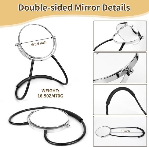Double-Sided Mirror to See Back of Head, Hands Free Adjustable Mirrors Hung Around The Neck, Two Way Mirror for Women Man Makeup, Self Haircut, Standard Viewing and 5X Magnification 360° Mirrors in Saudi Arabia