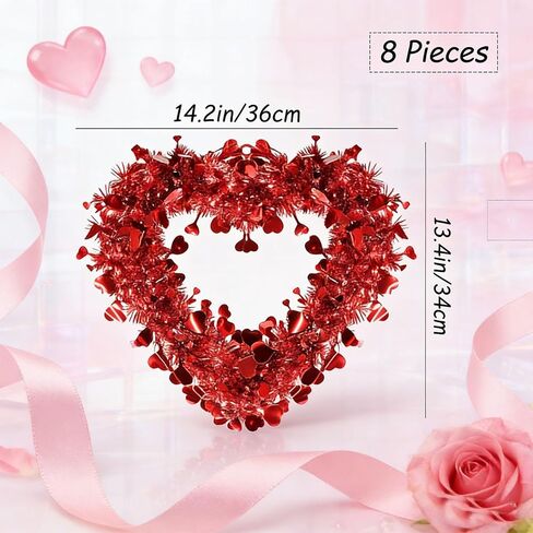 8 Pack Valentine Heart Wreaths Red Purple Tinsel Wreaths with Foil Hearts Hanging Valentine's Day Decorations for Wedding Birthday Party Front Door Wall Window Mantel Decor (Red) in Saudi Arabia