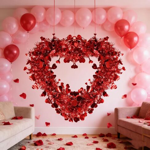 8 Pack Valentine Heart Wreaths Red Purple Tinsel Wreaths with Foil Hearts Hanging Valentine's Day Decorations for Wedding Birthday Party Front Door Wall Window Mantel Decor (Red) in Saudi Arabia