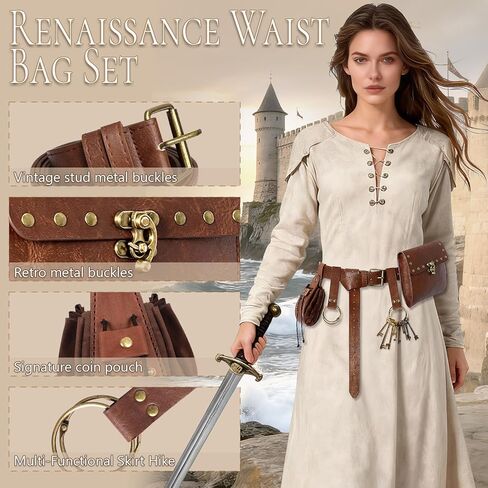 Renaissance Belt Pouch Waist Bag - Medieval Pirate Coin Purse Skirt Hike Halloween Festivals Cosplay Costume Accessories (Brown) in Saudi Arabia
