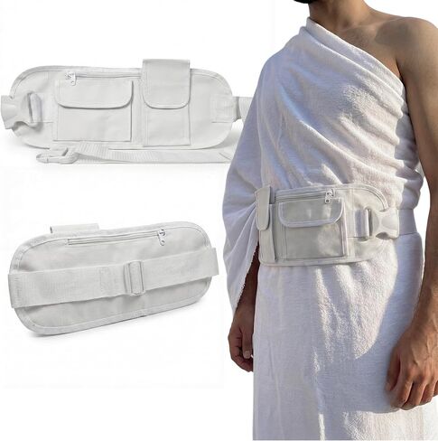 Men’s Ihram Belt for Hajj & Umrah – Adjustable Waist Belt with 2 Zip Pockets & 2 Velcro Pockets for Mobile, Passport & Valuables – Lightweight, Secure Plastic Lock – Pilgrimage Essentials for Men in Saudi Arabia