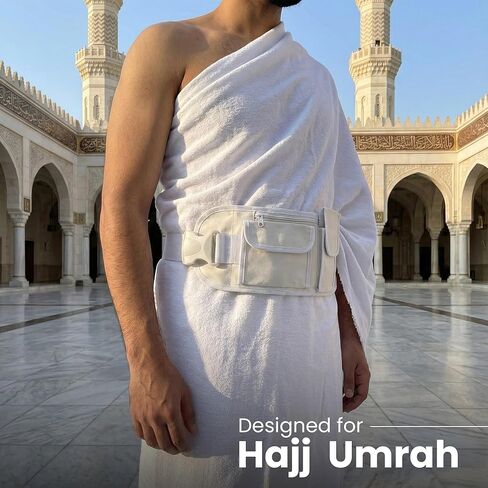 Men’s Ihram Belt for Hajj & Umrah – Adjustable Waist Belt with 2 Zip Pockets & 2 Velcro Pockets for Mobile, Passport & Valuables – Lightweight, Secure Plastic Lock – Pilgrimage Essentials for Men in Saudi Arabia