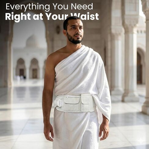 Men’s Ihram Belt for Hajj & Umrah – Adjustable Waist Belt with 2 Zip Pockets & 2 Velcro Pockets for Mobile, Passport & Valuables – Lightweight, Secure Plastic Lock – Pilgrimage Essentials for Men in Saudi Arabia