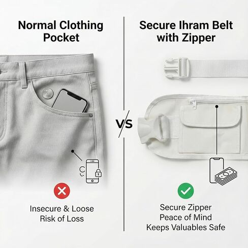 Men’s Ihram Belt for Hajj & Umrah – Adjustable Waist Belt with 2 Zip Pockets & 2 Velcro Pockets for Mobile, Passport & Valuables – Lightweight, Secure Plastic Lock – Pilgrimage Essentials for Men in Saudi Arabia