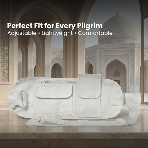 Men’s Ihram Belt for Hajj & Umrah – Adjustable Waist Belt with 2 Zip Pockets & 2 Velcro Pockets for Mobile, Passport & Valuables – Lightweight, Secure Plastic Lock – Pilgrimage Essentials for Men in Saudi Arabia