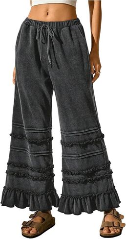WDIRARA Women's Drawstring Elastic Waist Ruffle Hem Wide Leg Pants Loose Palazzo Pants in Saudi Arabia