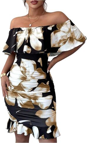 Floerns Women's Off Shoulder Ruffle Trim Short Sleeve Tropical Print Bodycon Dress in Kuwait