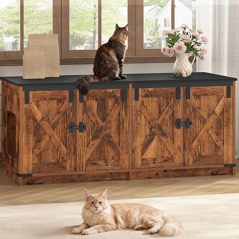 Cat Litter Box Enclosure for 2 Cats, Hidden Litter Box Furniture Cabinet with Double Room, Indoor Cat House, Farmhouse Style, 46.7 x 18.9 x 21.1 Inches, Rustic Brown and White CB85314X in Kuwait