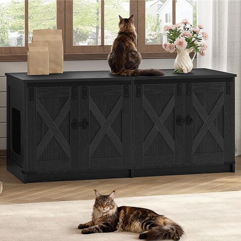 Cat Litter Box Enclosure for 2 Cats, Hidden Litter Box Furniture Cabinet with Double Room, Indoor Cat House, Farmhouse Style, 46.7 x 18.9 x 21.1 Inches, Rustic Brown and White CB85314X in Kuwait