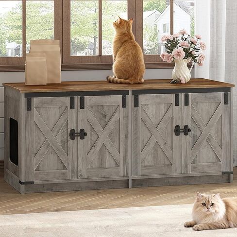 Cat Litter Box Enclosure for 2 Cats, Hidden Litter Box Furniture Cabinet with Double Room, Indoor Cat House, Farmhouse Style, 46.7 x 18.9 x 21.1 Inches, Rustic Brown and White CB85314X in Kuwait