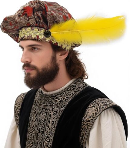 Medieval Beret Tudor Cap with Feather Renaissance Hat Muffin Bard Cosplay Costume Accessory in Kuwait