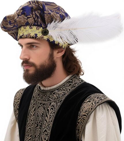 Medieval Beret Tudor Cap with Feather Renaissance Hat Muffin Bard Cosplay Costume Accessory in Saudi Arabia