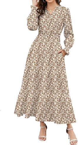 Women’s Long Sleeve Floral Maxi Dress with Smocked Waist V Neck Tiered Boho Dress Casual Loose Fit Elegant Dresses in Kuwait