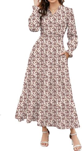 Women’s Long Sleeve Floral Maxi Dress with Smocked Waist V Neck Tiered Boho Dress Casual Loose Fit Elegant Dresses in Saudi Arabia