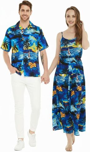 Matchable Couple Hawaiian Luau Shirt or Maxi Tiered Dress in Sunset Blue in Saudi Arabia