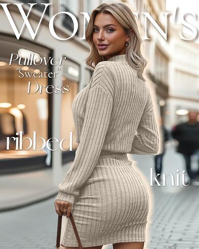Women's Pullover Sweater Dress Long Lantern Sleeve Ribbed Knit Mock Neck Ruched Bodycon Casual Mini Dress 2025 in Saudi Arabia