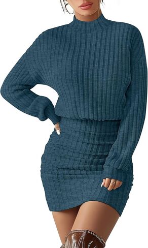 Women's Pullover Sweater Dress Long Lantern Sleeve Ribbed Knit Mock Neck Ruched Bodycon Casual Mini Dress 2025 in Saudi Arabia