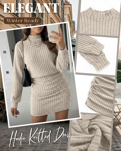 Women's Pullover Sweater Dress Long Lantern Sleeve Ribbed Knit Mock Neck Ruched Bodycon Casual Mini Dress 2025 in Saudi Arabia