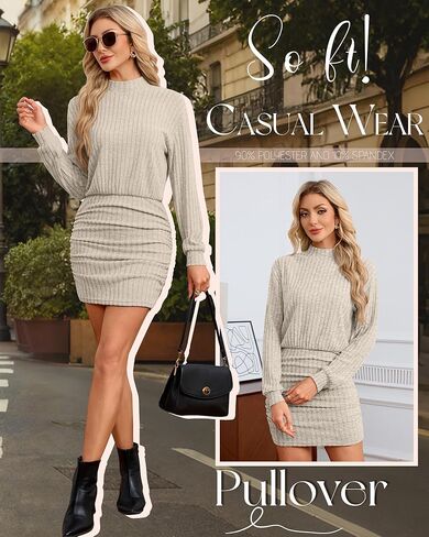 Women's Pullover Sweater Dress Long Lantern Sleeve Ribbed Knit Mock Neck Ruched Bodycon Casual Mini Dress 2025 in Saudi Arabia