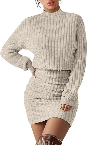 Women's Pullover Sweater Dress Long Lantern Sleeve Ribbed Knit Mock Neck Ruched Bodycon Casual Mini Dress 2025 in Saudi Arabia