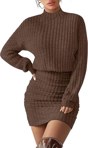 Women's Pullover Sweater Dress Long Lantern Sleeve Ribbed Knit Mock Neck Ruched Bodycon Casual Mini Dress 2025 in Saudi Arabia
