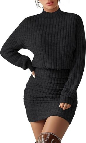 Women's Pullover Sweater Dress Long Lantern Sleeve Ribbed Knit Mock Neck Ruched Bodycon Casual Mini Dress 2025 in Saudi Arabia
