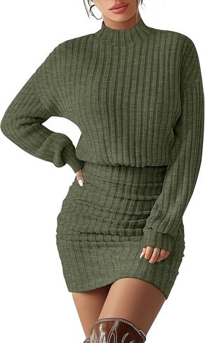 Women's Pullover Sweater Dress Long Lantern Sleeve Ribbed Knit Mock Neck Ruched Bodycon Casual Mini Dress 2025 in Saudi Arabia