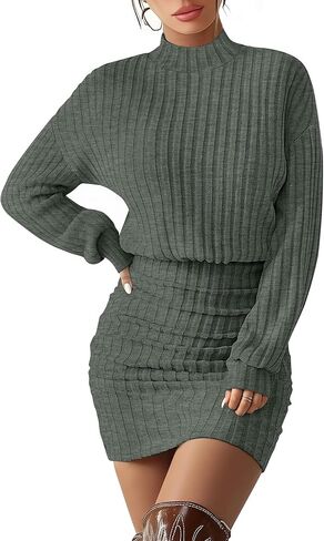 Women's Pullover Sweater Dress Long Lantern Sleeve Ribbed Knit Mock Neck Ruched Bodycon Casual Mini Dress 2025 in Saudi Arabia
