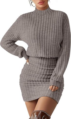 Women's Pullover Sweater Dress Long Lantern Sleeve Ribbed Knit Mock Neck Ruched Bodycon Casual Mini Dress 2025 in Saudi Arabia