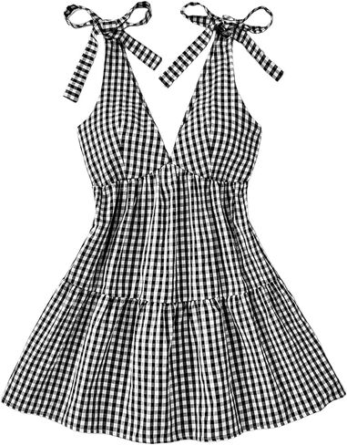 Women's Plaid Tie Shoulder Mini Dress Ruffle Hem Deep V Neck Sleeveless A Line Y2k Dresses in Saudi Arabia