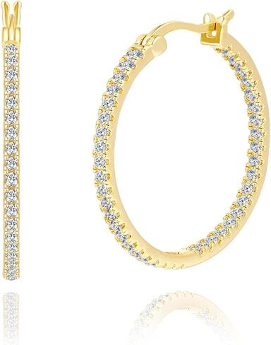 14K Gold Hoop Earrings for Women Elegant Dual-Sided Cubic Zirconia Hoops Sparkling Hypoallergenic Earrings for Sensitive Ears 15mm 20mm 30mm 35mm in Saudi Arabia