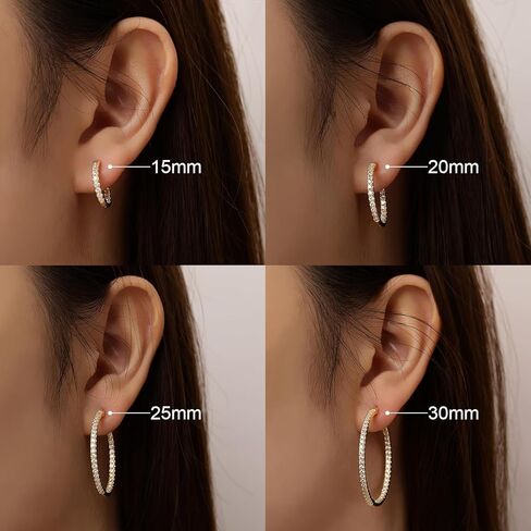 14K Gold Hoop Earrings for Women Elegant Dual-Sided Cubic Zirconia Hoops Sparkling Hypoallergenic Earrings for Sensitive Ears 15mm 20mm 30mm 35mm in Saudi Arabia