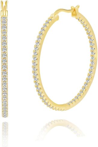 14K Gold Hoop Earrings for Women Elegant Dual-Sided Cubic Zirconia Hoops Sparkling Hypoallergenic Earrings for Sensitive Ears 15mm 20mm 30mm 35mm in Saudi Arabia