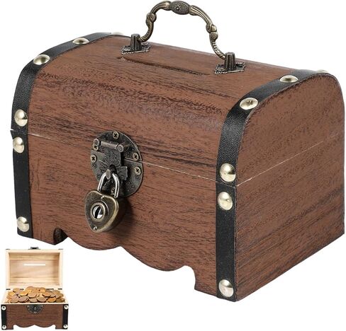 Zerodeko Wooden Treasure Chest Piggy Bank with Lock and Key Money Box Treasure Box Savings Kids Coins Vintage Unique Keepsake Handmade Jewelry Storage Case for Kids Adults in Kuwait