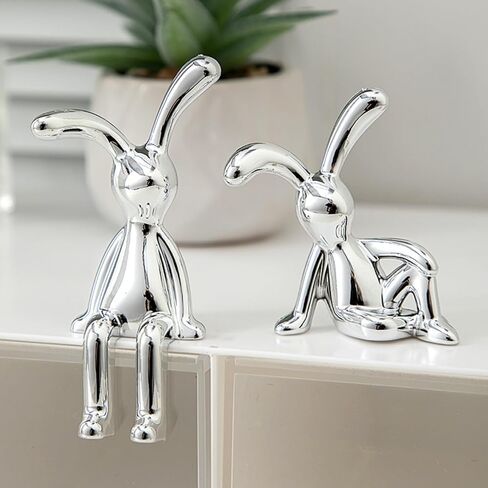 2PCS Modern Rabbit Figurines for Home Decor, Cute Bunny Statues, Versatile Decoration for Office, Shelf, Table, Living Room, and Car Dashboard (Silver) in Saudi Arabia