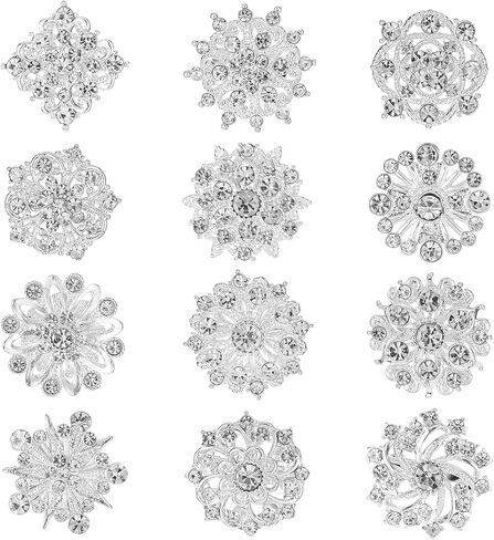 12 Pcs Crystal Rhinestone Flower Brooch Pins Set, Silver Brooch Pins for Women Alloy Wedding Bouquet Brooches for Women Fashion Crafts Embellishment Bridal Wedding Bouquet Kit in Saudi Arabia