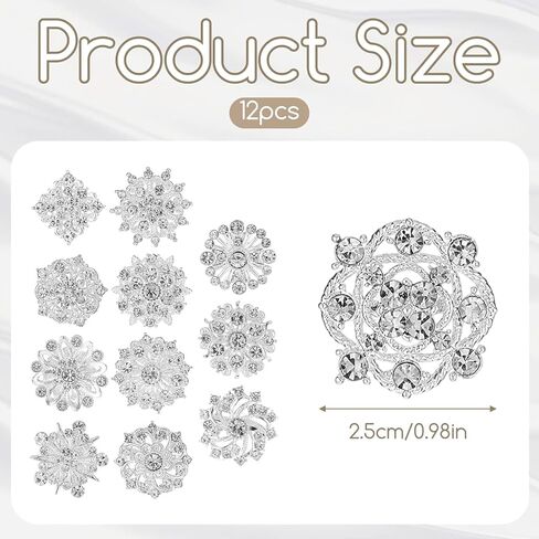 12 Pcs Crystal Rhinestone Flower Brooch Pins Set, Silver Brooch Pins for Women Alloy Wedding Bouquet Brooches for Women Fashion Crafts Embellishment Bridal Wedding Bouquet Kit in Saudi Arabia