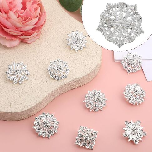 12 Pcs Crystal Rhinestone Flower Brooch Pins Set, Silver Brooch Pins for Women Alloy Wedding Bouquet Brooches for Women Fashion Crafts Embellishment Bridal Wedding Bouquet Kit in Saudi Arabia