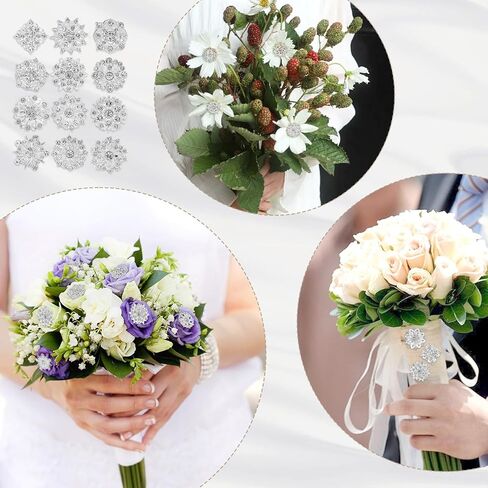 12 Pcs Crystal Rhinestone Flower Brooch Pins Set, Silver Brooch Pins for Women Alloy Wedding Bouquet Brooches for Women Fashion Crafts Embellishment Bridal Wedding Bouquet Kit in Saudi Arabia