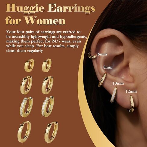Small Huggie Gold Hoop Earrings Set for Women, 14K Plated Hypoallergenic Cartilage Helix Earring Stacks for Multiple Piercings, Lightweight Mini Dainty Packs Jewelry Gifts for Women in Saudi Arabia