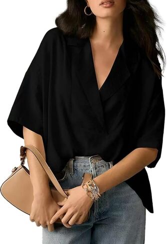 بلوزات نسائية VNIRA كبيرة الحجم بأكمام قصيرة وياقة على شكل V وياقة على شكل حرف V وفضفاضة للأعمال العصرية وأزرار للأسفل in Kuwait